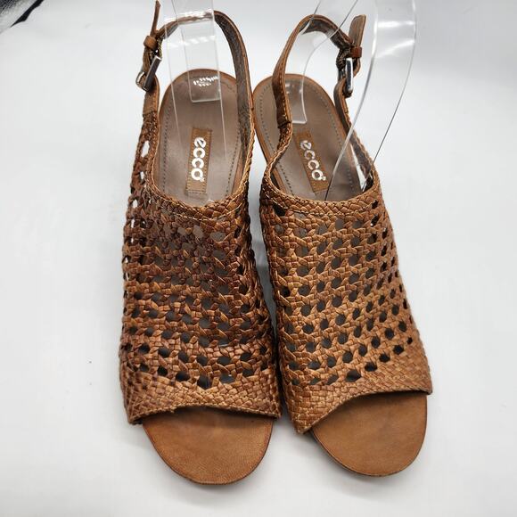 Ecco Open Peep Toe Wedge Sandals EU 40 US 9-9.5 Brown Leather Woven - Picture 2 of 8